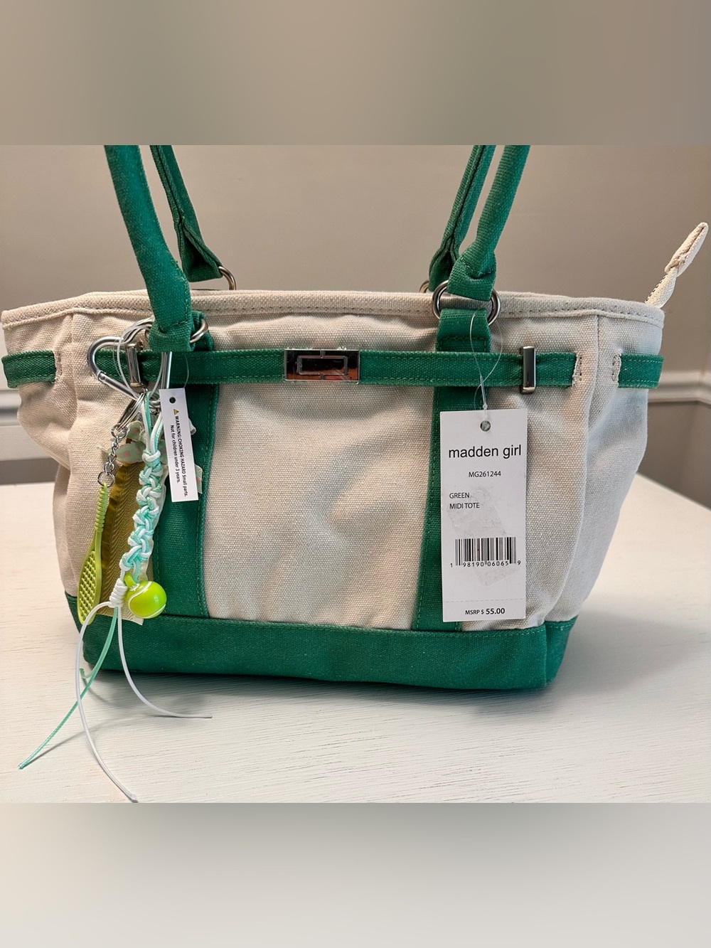 NWT Madden Girl Green & Cream Canvas Midi Tote Tennis Charm